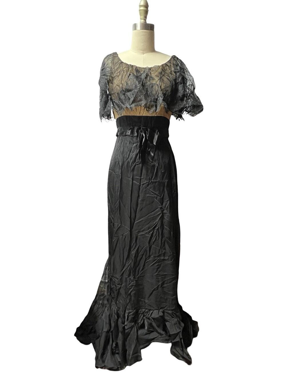 Vtg 1950s Fred Perlberg Black Gothic Romantic Lace Chiffon Maxi Formal Dress